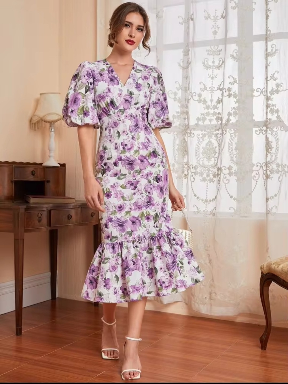 Lavender Floral V-Neck Midi Dress